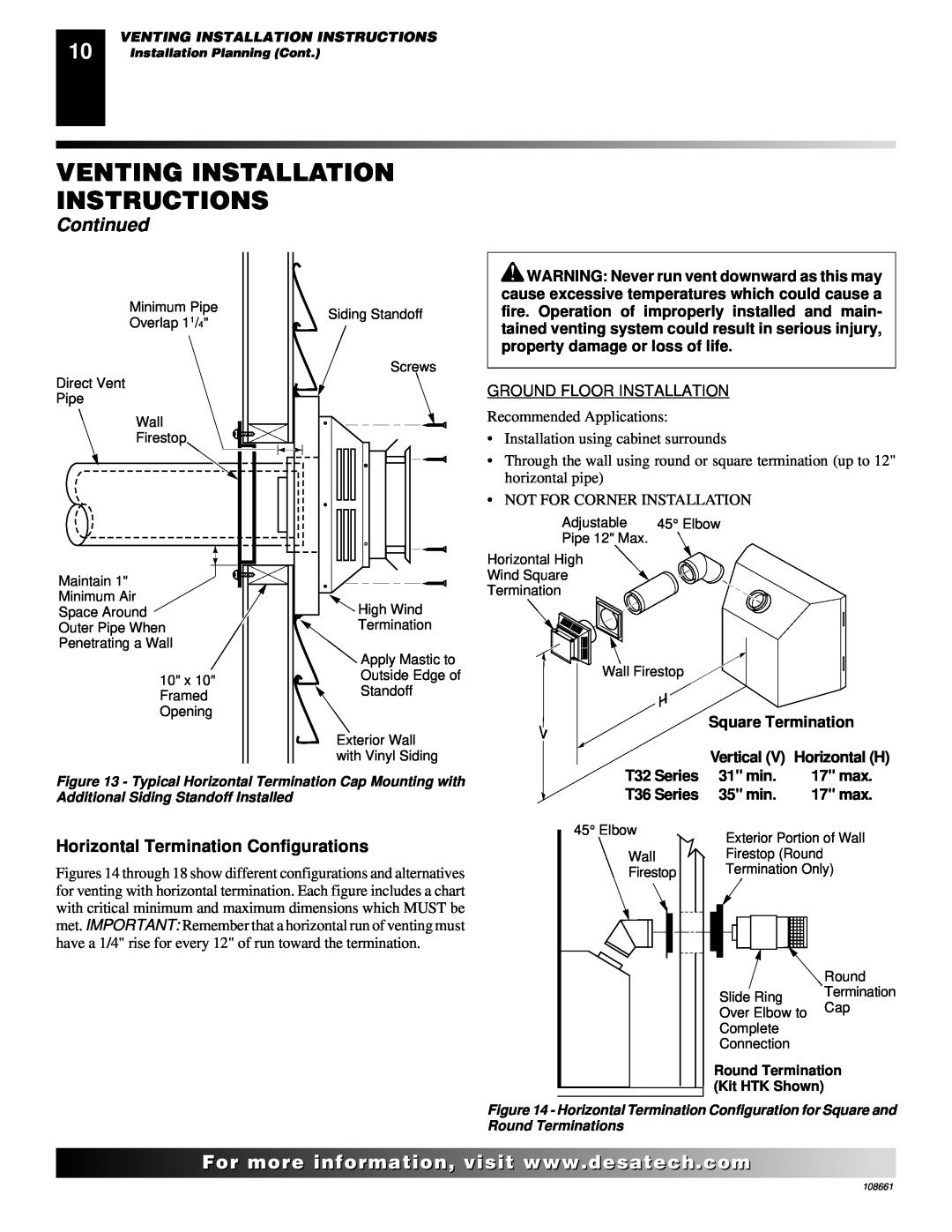 Desa T32N, T36N, T32P, T36P Venting Installation Instructions, Continued, Horizontal Termination Configurations, 17 max 