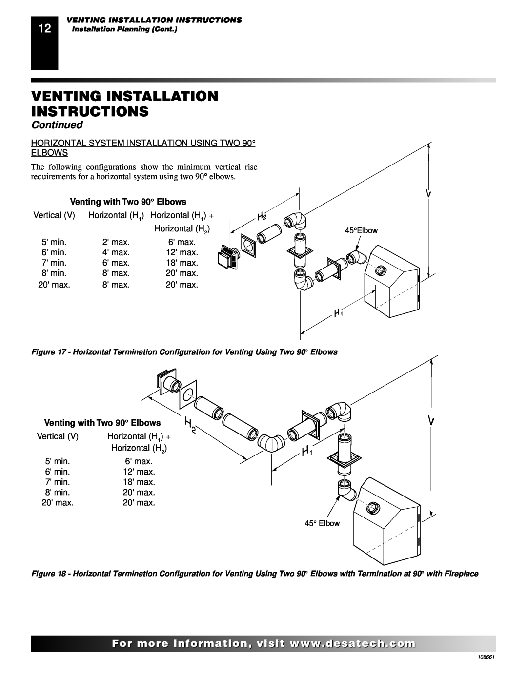 Desa T32N, T36N, T32P, T36P installation manual Venting Installation Instructions, Continued, Venting with Two 90 Elbows 