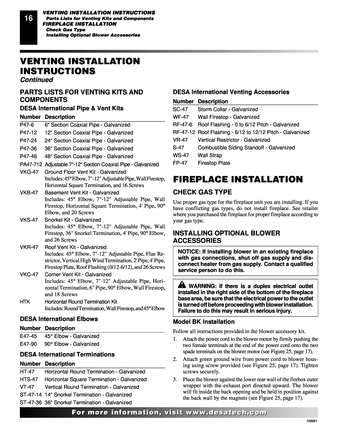 Desa T32N, T36N, T32P, T36P Fireplace Installation, Venting Installation Instructions, Continued, Model BK Installation 