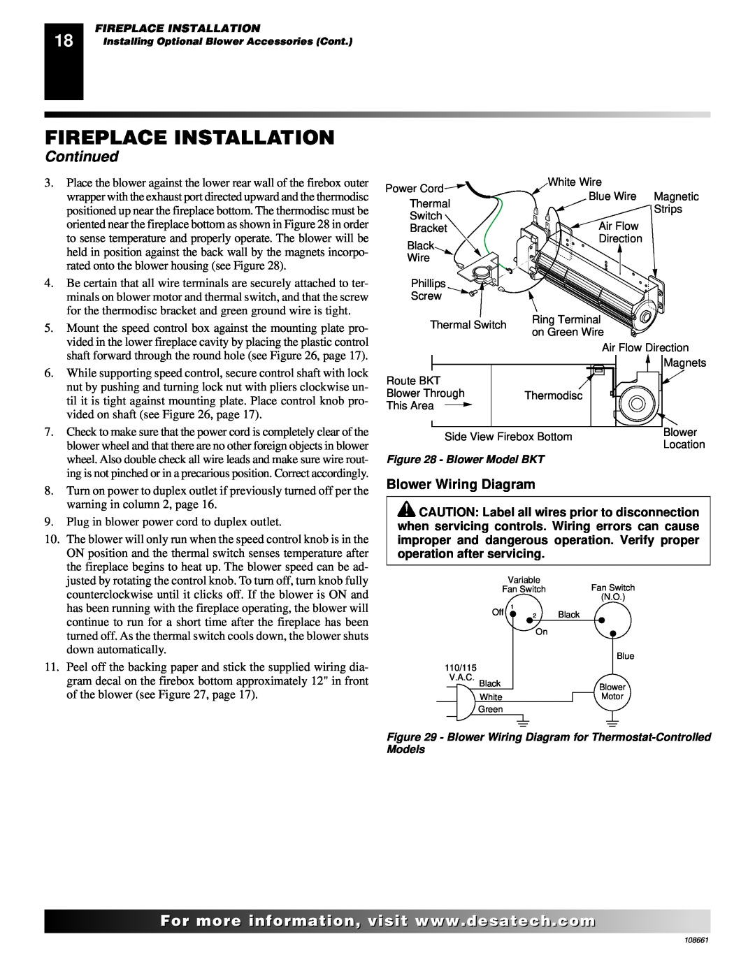 Desa T32N, T36N, T32P, T36P installation manual Fireplace Installation, Continued, Blower Wiring Diagram 