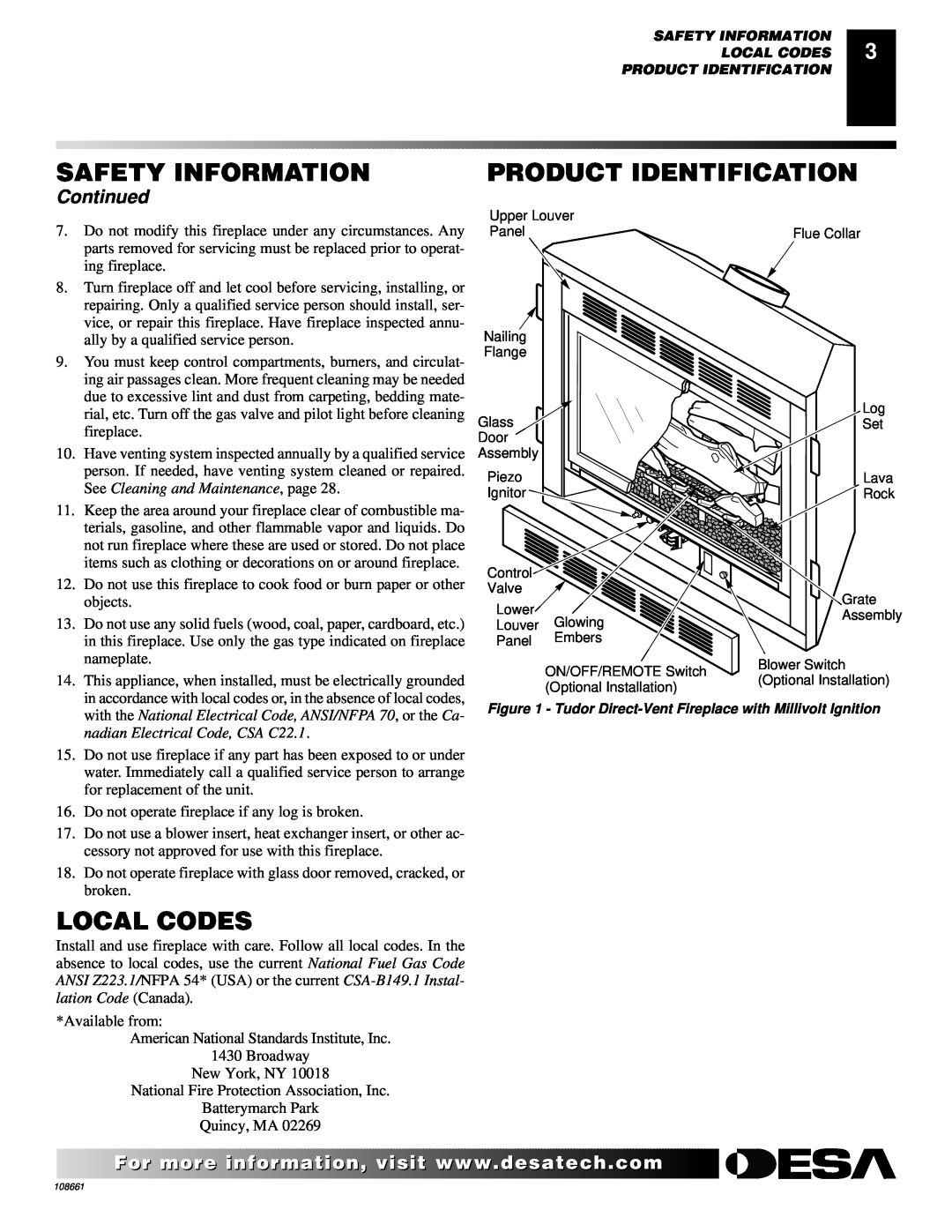 Desa T32N, T36N, T32P, T36P installation manual Product Identification, Local Codes, Continued, Safety Information 