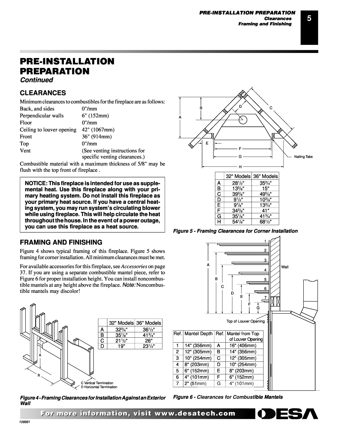 Desa T32N, T36N, T32P, T36P installation manual Pre-Installation Preparation, Continued, Clearances, Framing And Finishing 