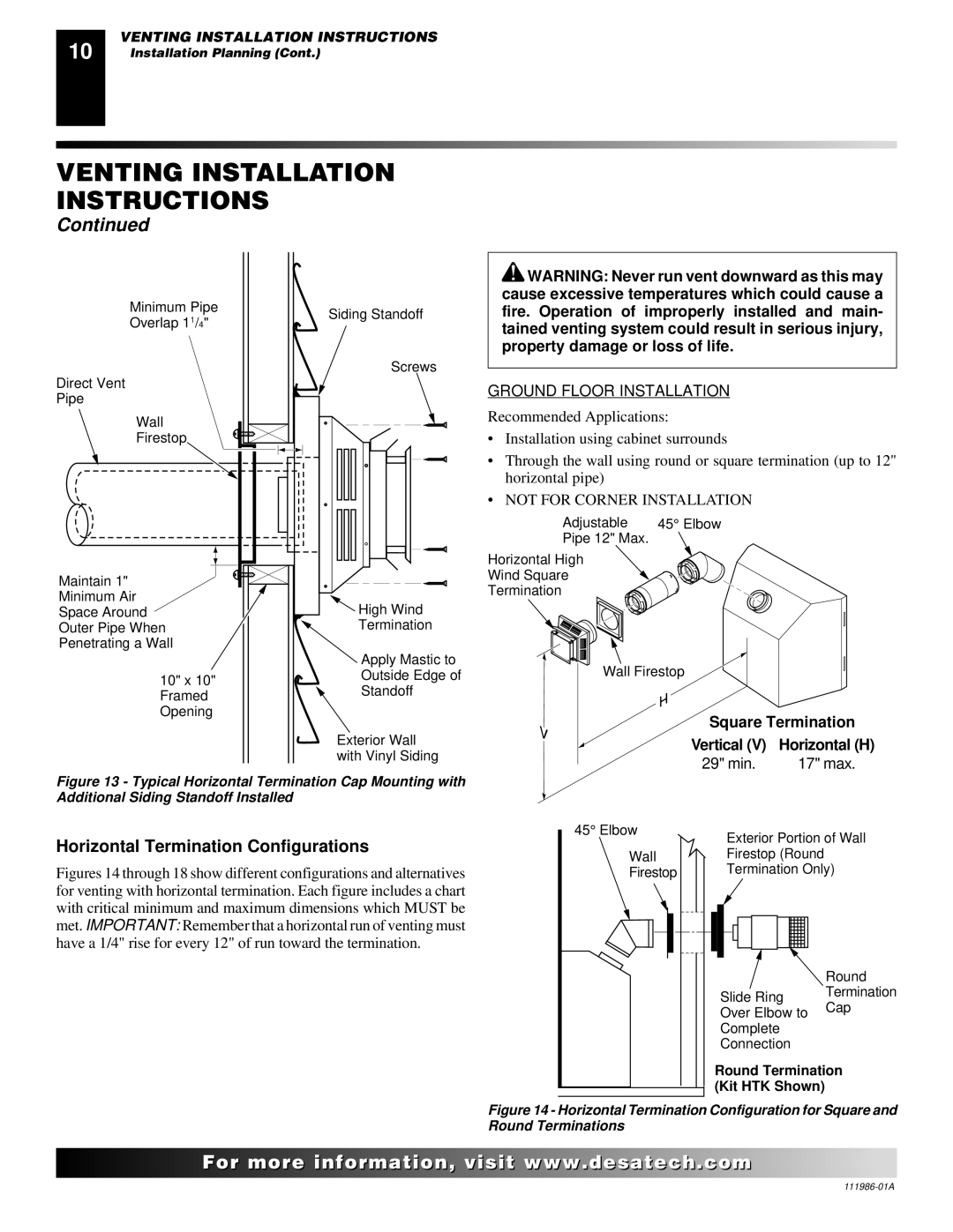 Desa T32P, T32N installation manual Horizontal Termination Configurations, Square Termination, 17 max 