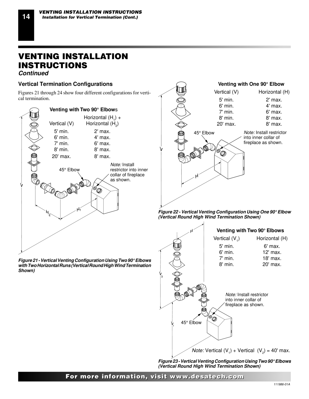 Desa T32P, T32N installation manual Vertical Termination Configurations, Venting with One 90 Elbow 