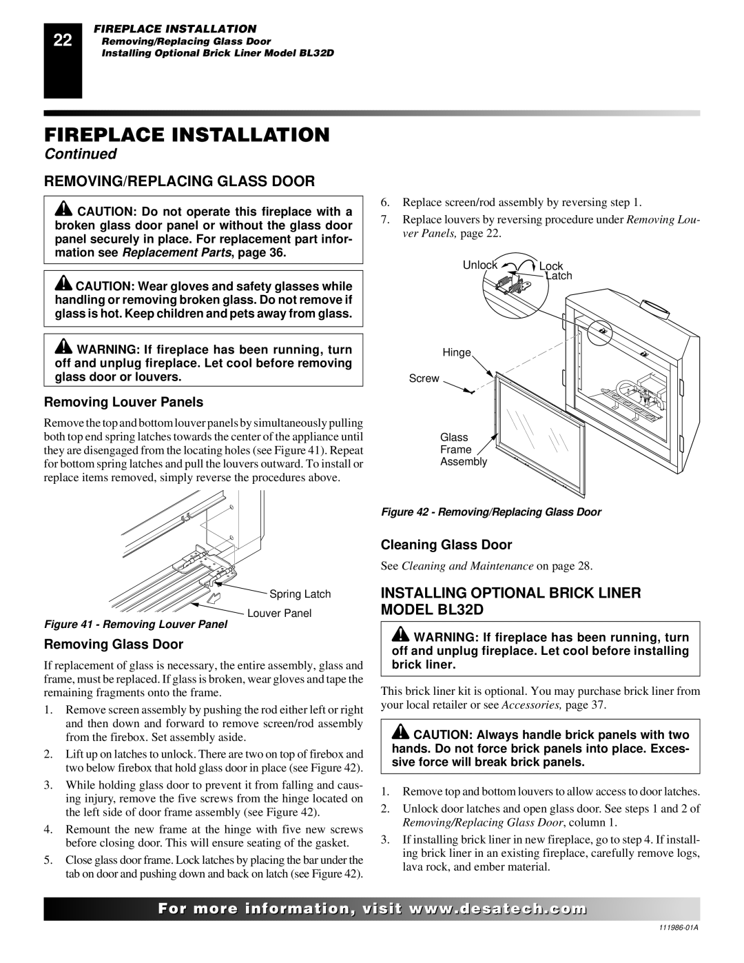 Desa T32P, T32N REMOVING/REPLACING Glass Door, Installing Optional Brick Liner Model BL32D, Removing Louver Panels 