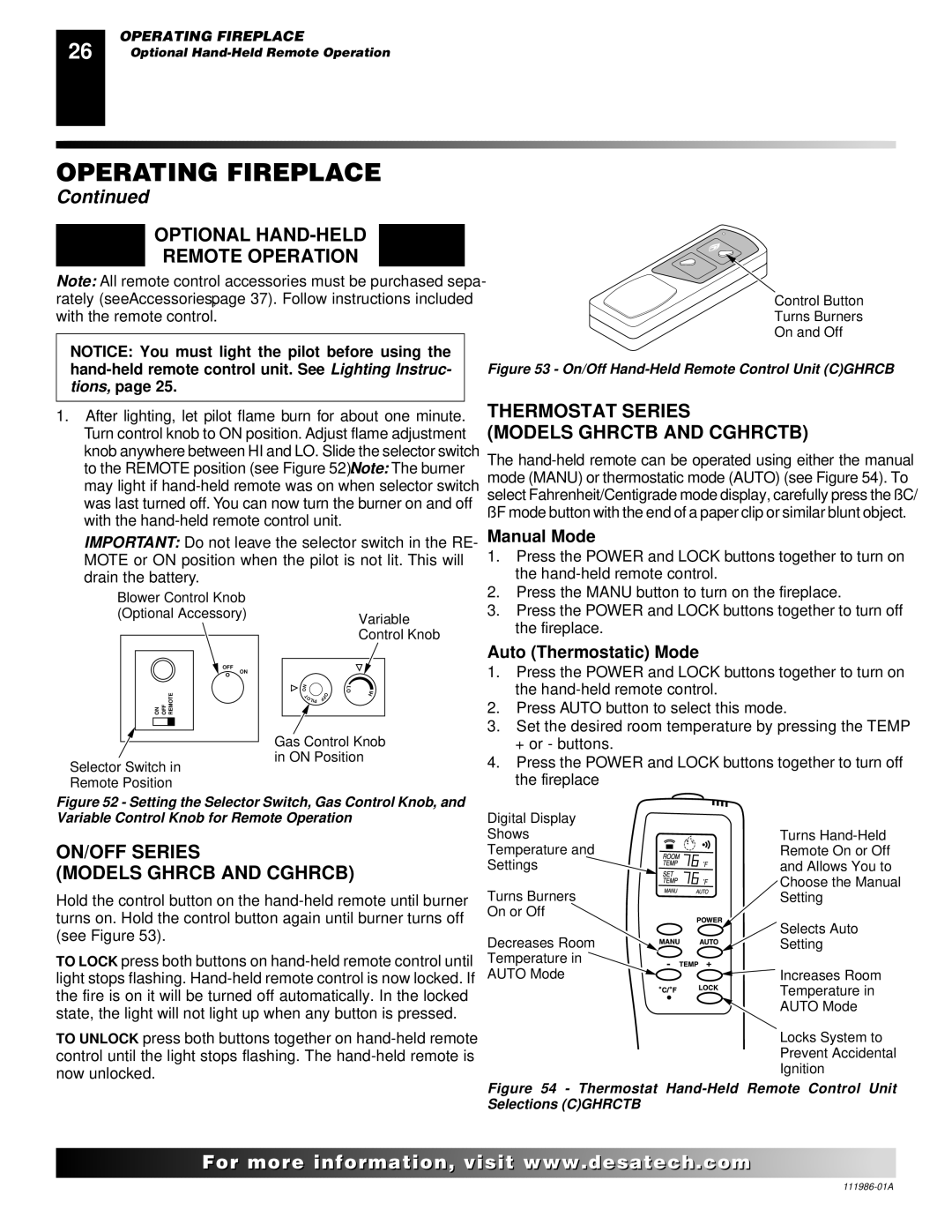 Desa T32P, T32N Optional HAND-HELD Remote Operation, Thermostat Series Models Ghrctb and Cghrctb, Manual Mode 