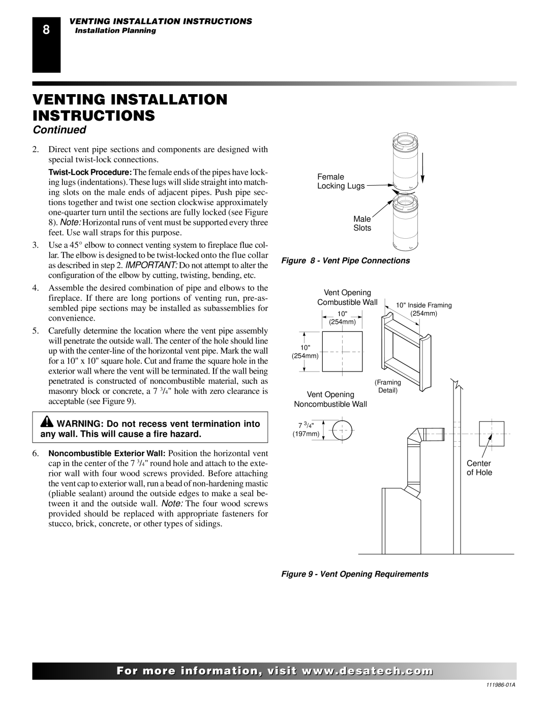 Desa T32P, T32N installation manual Vent Pipe Connections 