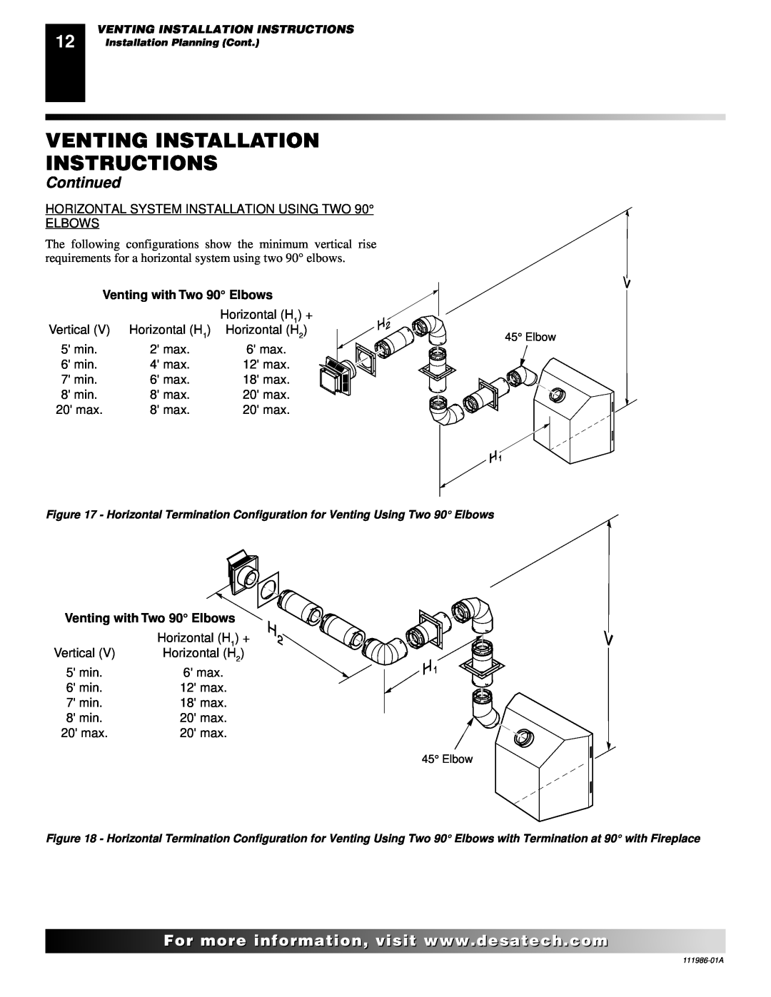 Desa T32P, T32N installation manual Venting with Two 90 Elbows, Venting Installation Instructions, Continued, For..com 