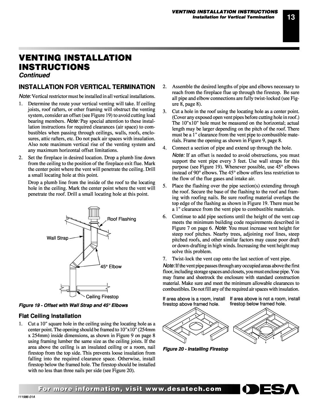 Desa T32N Installation For Vertical Termination, Flat Ceiling Installation, Venting Installation Instructions, Continued 