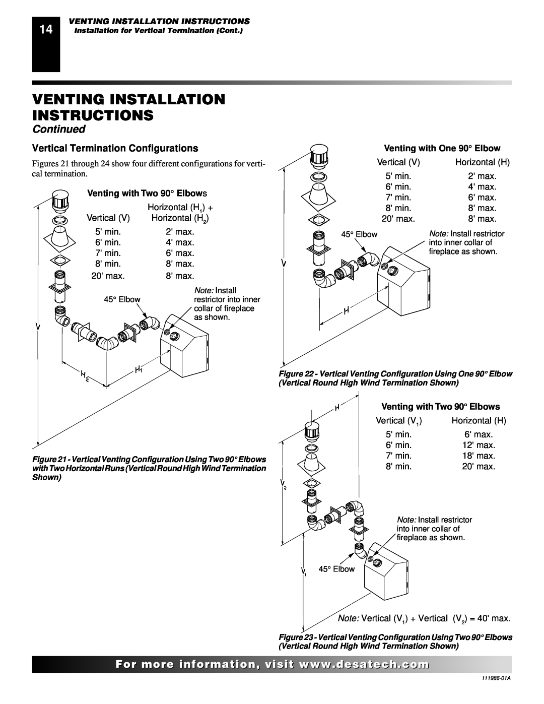 Desa T32P Vertical Termination Configurations, Venting with One 90 Elbow, Venting Installation Instructions, Continued 