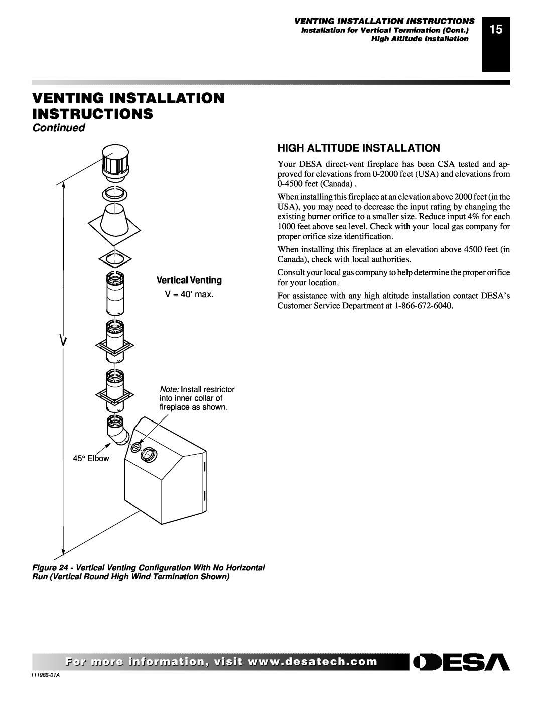 Desa T32N, T32P High Altitude Installation, Vertical Venting, Venting Installation Instructions, Continued 