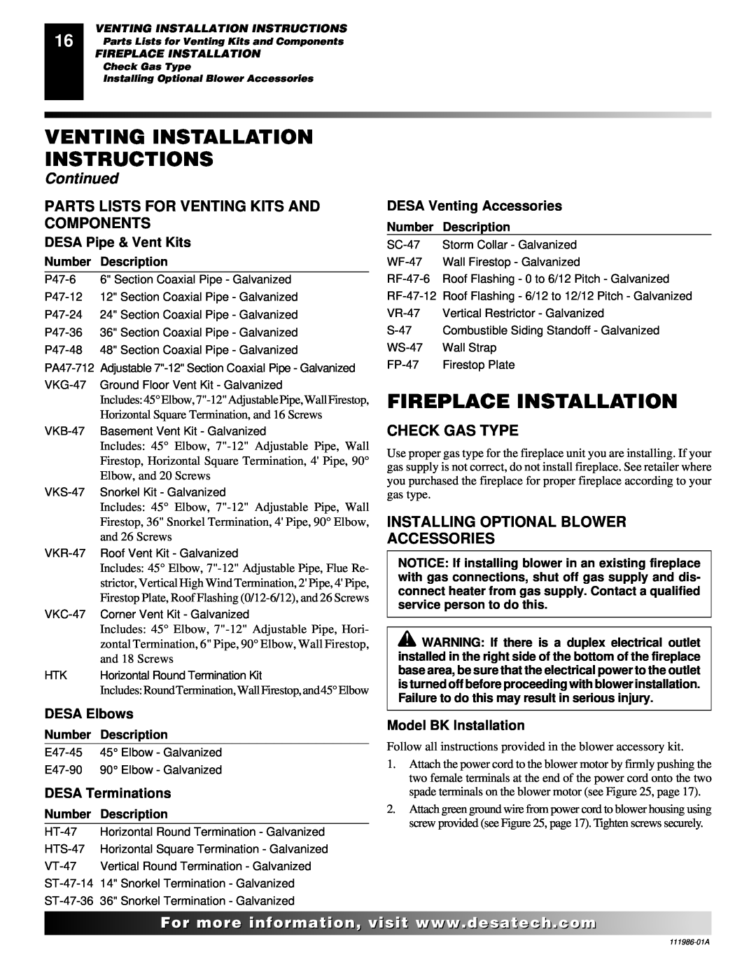 Desa T32P, T32N Fireplace Installation, Parts Lists For Venting Kits And Components, Check Gas Type, DESA Pipe & Vent Kits 