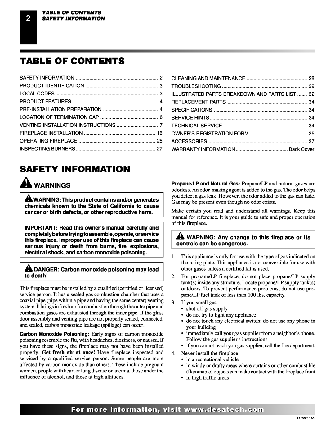 Desa T32P Table Of Contents, Safety Information, Warnings, For..com, DANGER Carbon monoxide poisoning may lead to death 