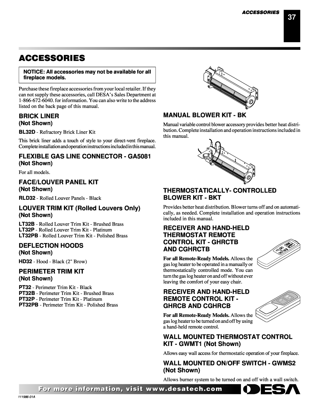 Desa T32N, T32P Accessories, Brick Liner, FLEXIBLE GAS LINE CONNECTOR - GA5081, Face/Louver Panel Kit, Deflection Hoods 