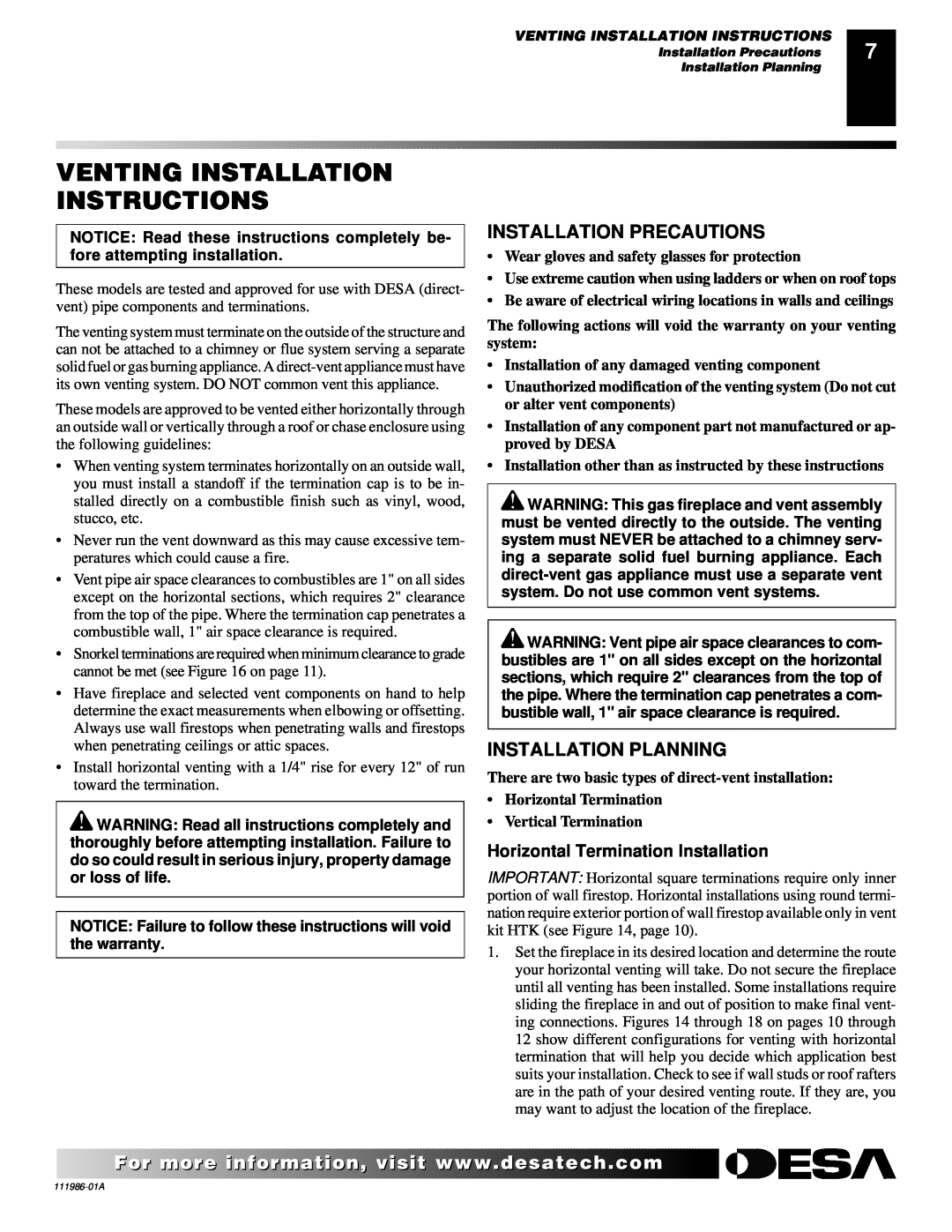 Desa T32N, T32P installation manual Venting Installation Instructions, Installation Precautions, Installation Planning 