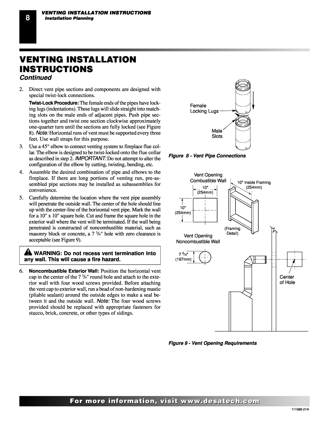 Desa T32P, T32N Venting Installation Instructions, Continued, For..com, Female Locking Lugs Male Slots, Center 