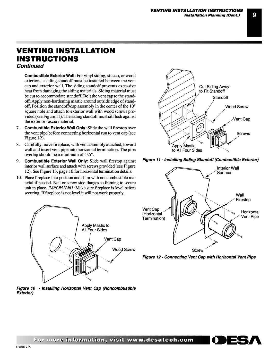 Desa T32N, T32P Venting Installation Instructions, Continued, Installing Horizontal Vent Cap Noncombustible Exterior 