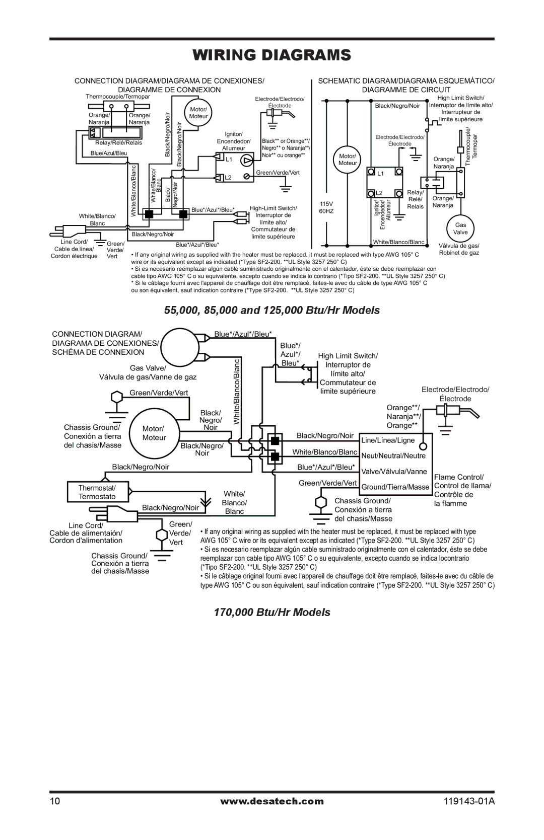 Desa TB113, TB111, TB114 125, TB112 170, TB100, TB108, TB110 85, TB104 Wiring Diagrams, 55,000, 85,000 and 125,000 Btu/Hr Models 