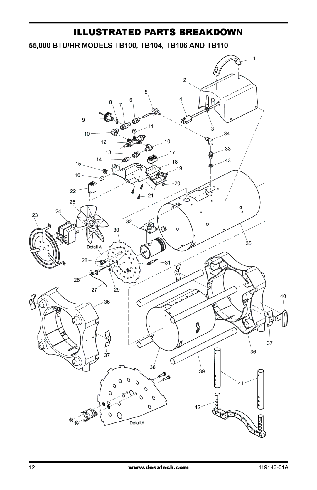 Desa 000 BTU TB101, TB111, TB114 125, TB108 Illustrated Parts Breakdown, 55,000 BTU/HR ModelS TB100, TB104, TB106 and TB110 