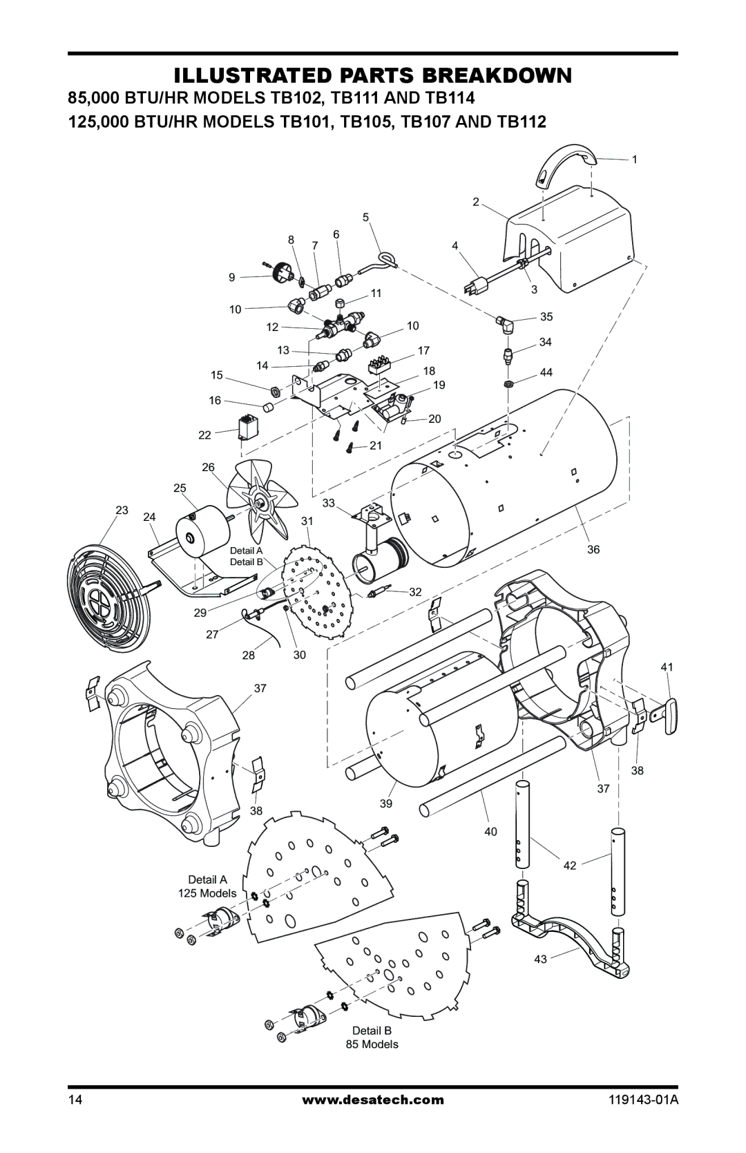 Desa TB111, TB114 125, TB112 170, TB100, TB108, TB110 85, TB104, TB107, TB105, TB106, TB113, 000 BTU TB103 Detail a Models Detail B 