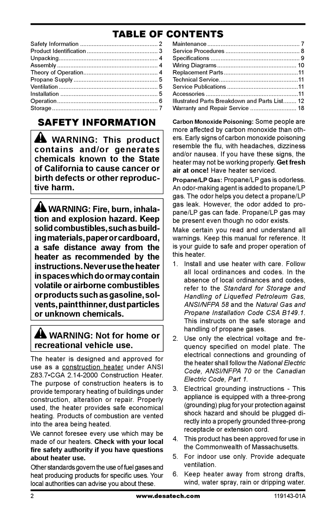 Desa TB112 170, TB111, TB114 125, TB100, TB108, TB110 85, TB104, TB107, TB105, TB106, TB113 Table of Contents, Safety Information 