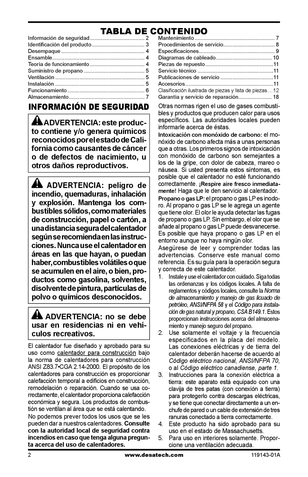 Desa TB104, TB111, TB114 125, TB112 170, TB100, TB108, TB110 85, TB107, TB105, TB106 Tabla de contenido, Información de seguridad 