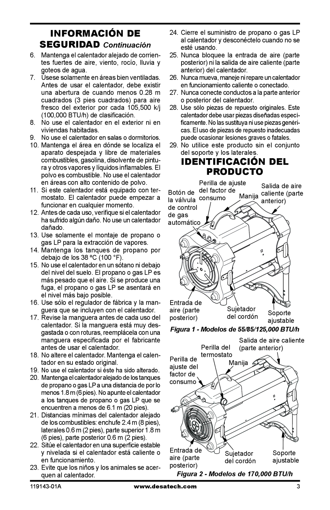 Desa TB107, TB111, TB114 125, TB112 170, TB100, TB108 Información de, Identificación del Producto, Perilla del parte anterior 