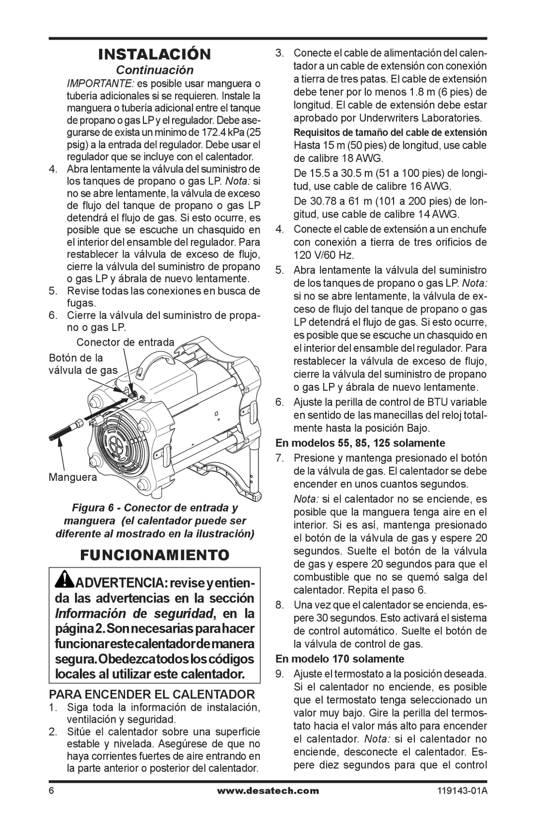 Desa TB113, TB111, TB114 125, TB112 170, TB100 Funcionamiento, En modelos 55, 85, 125 solamente, En modelo 170 solamente 