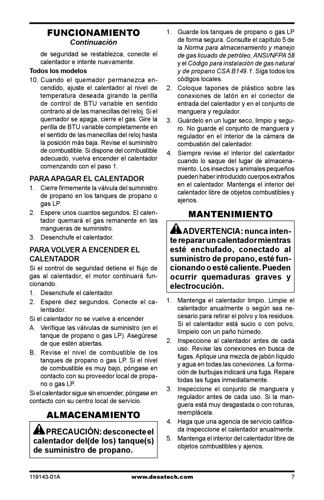 Desa 000 BTU TB103, TB111 Almacenamiento, Mantenimiento, Para apagar el calentador, Para volver a encender el calentador 