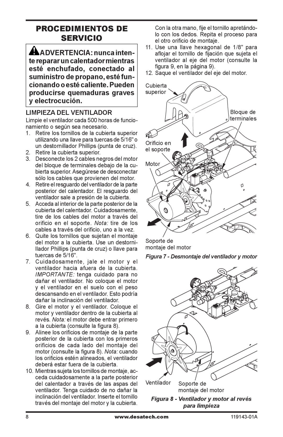 Desa 000 BTU TB101, TB111 Procedimientos de Servicio, Retire la cubierta superior, Ventilador Soporte de montaje del motor 