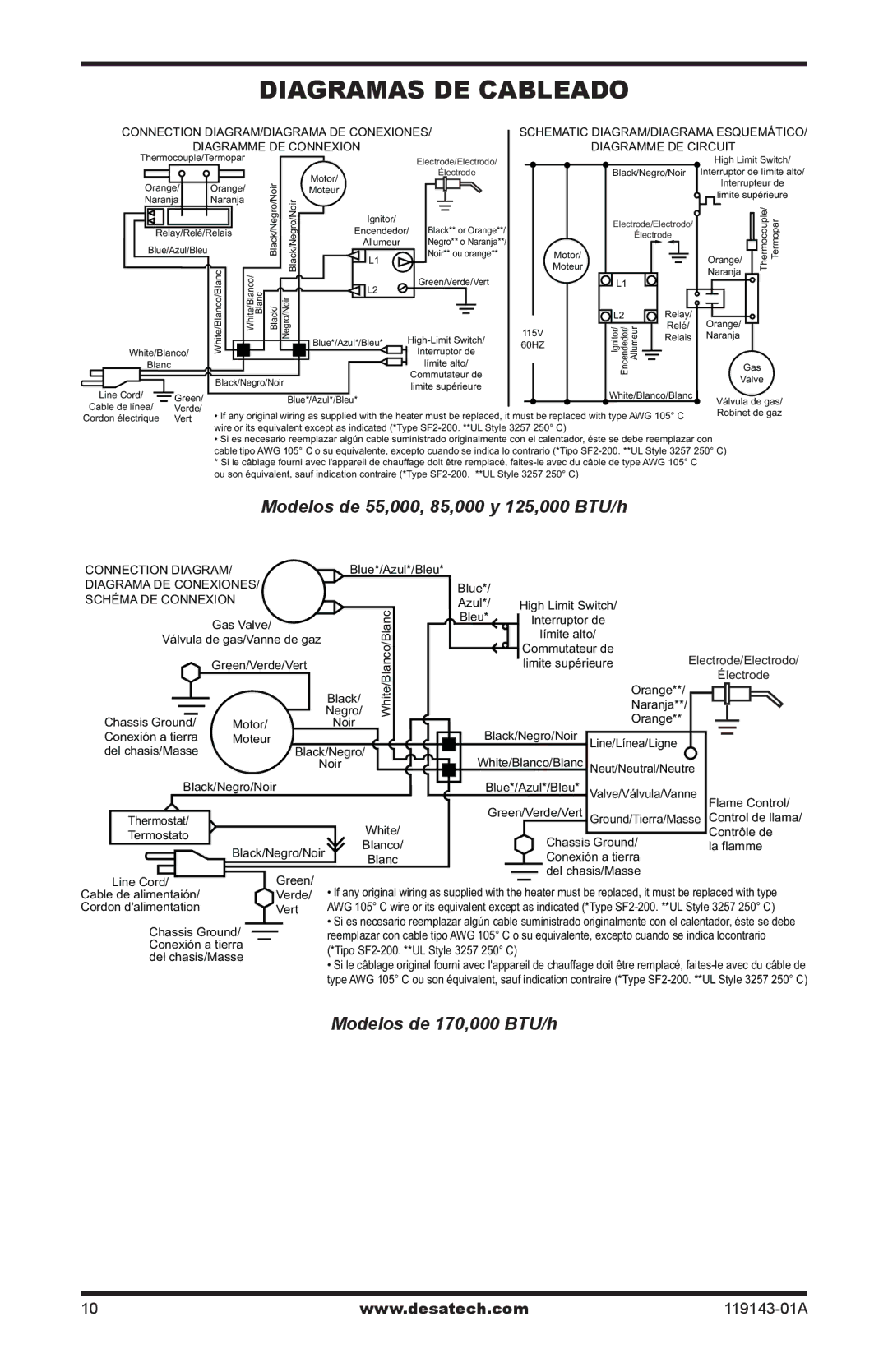 Desa TB111, TB114 125, TB112 170, TB100, TB108, TB110 85 Diagramas de cableado, Modelos de 55,000, 85,000 y 125,000 BTU/h 