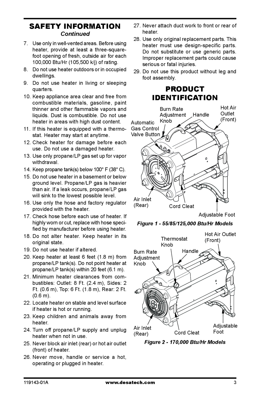 Desa TB100, TB111, TB114 125, TB112 170, TB108, TB110 85, TB104, TB107, TB105, TB106, TB113, 000 BTU TB103 Product Identification 