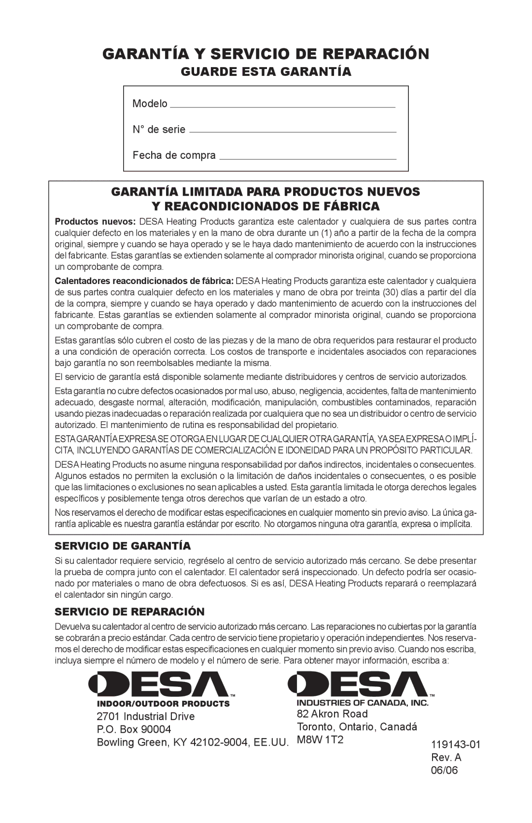 Desa TB105, TB111, TB114 125, TB112 170, TB100, TB108, TB104 Garantía y servicio de reparación, Modelo De serie Fecha de compra 