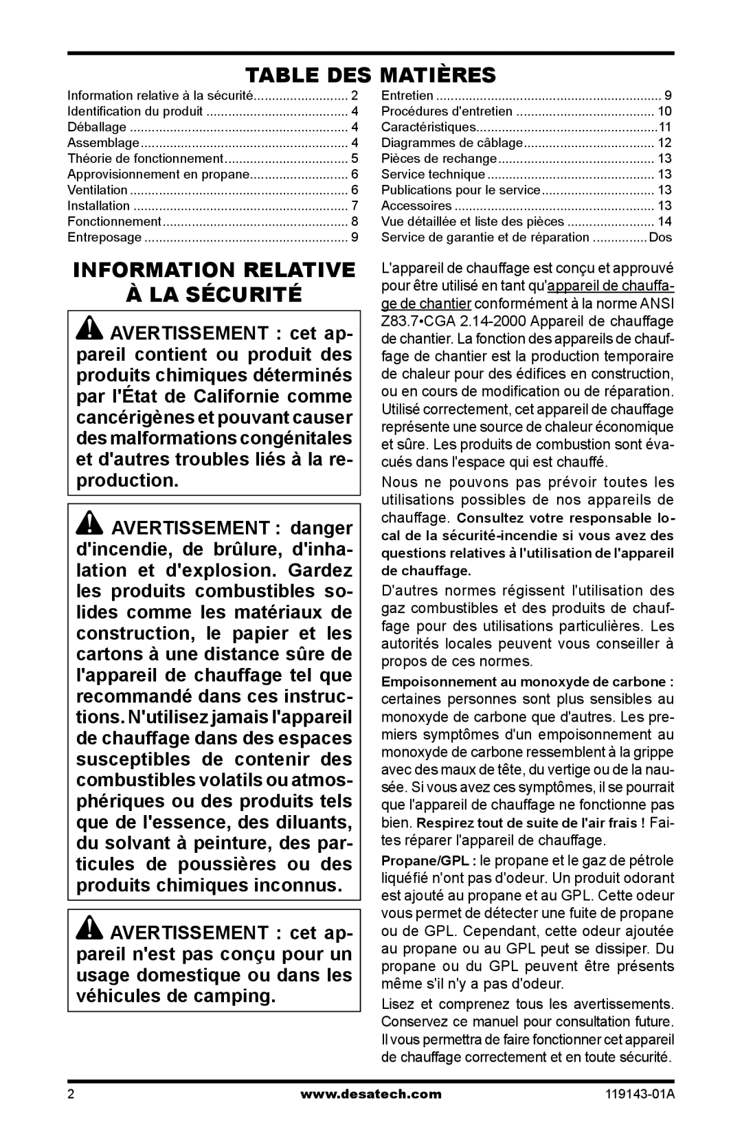 Desa TB113, TB111, TB114 125, TB112 170, TB100, TB108, TB110 85, TB104 Table des matières, Information relative La sécurité 