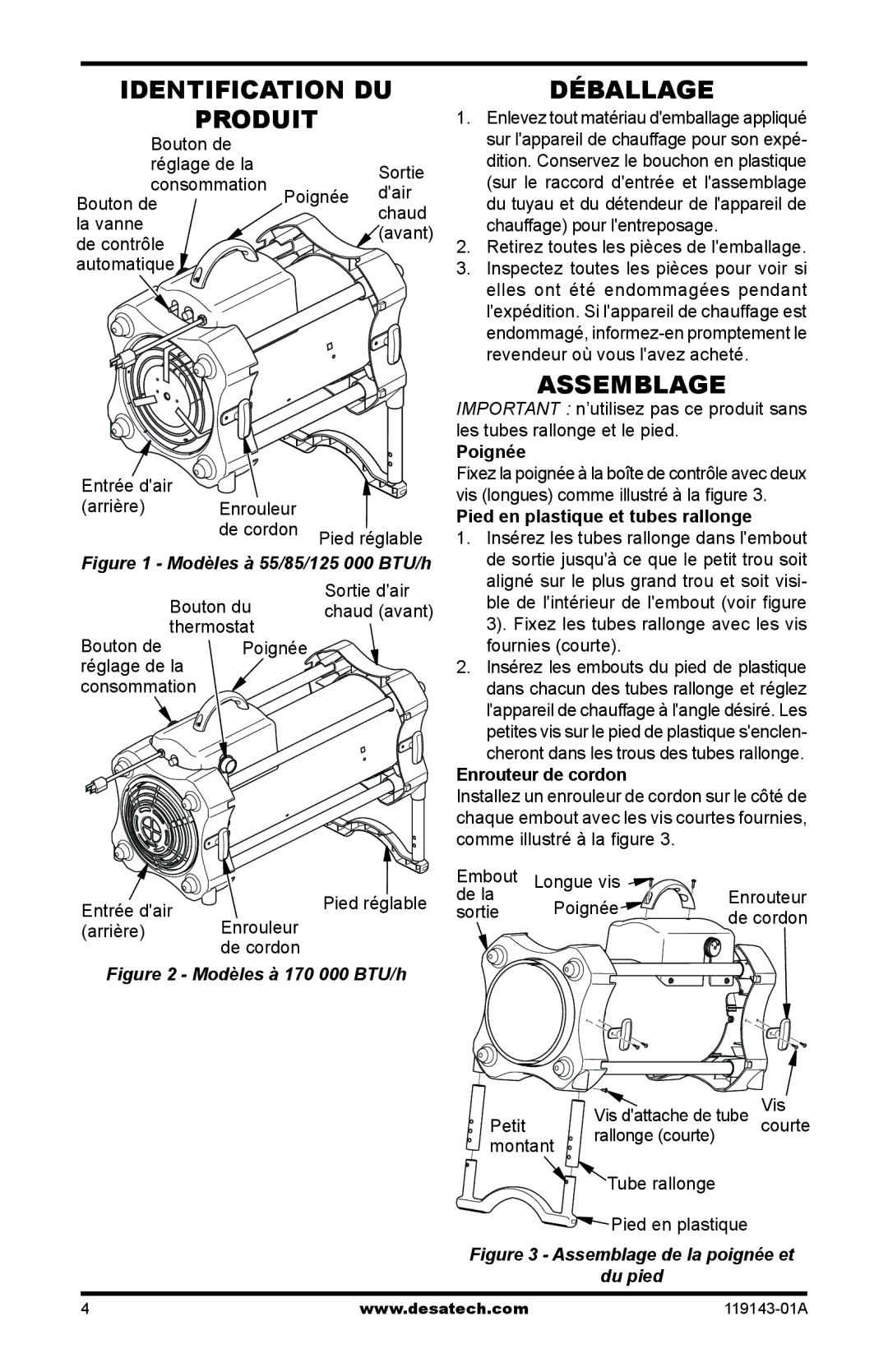 Desa 000 BTU TB101, TB111 Identification du Produit Déballage, Assemblage, Poignée, Pied en plastique et tubes rallonge 