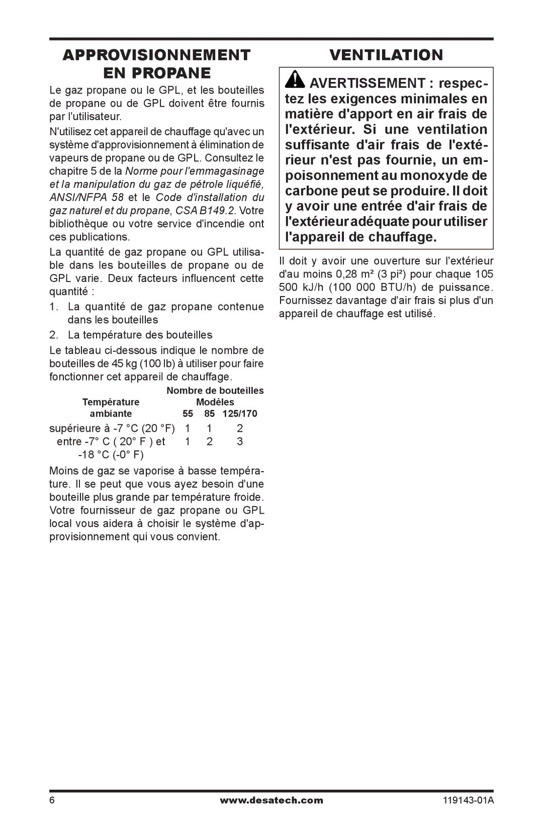 Desa TB111, TB114 125, TB112 170, TB100, TB108, TB110 85, TB104 Approvisionnement En propane, Entre -7 C 20 F et 18 C -0 F 