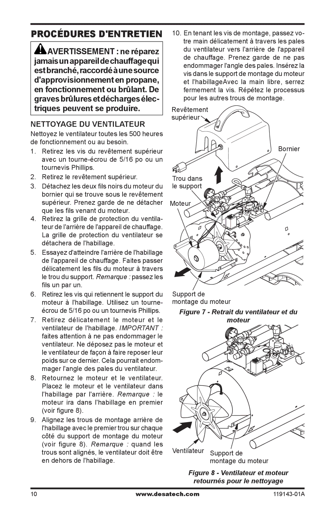 Desa TB108 Procédures dentretien, Écrou de 5/16 po ou un tournevis Phillips, Ventilateur Support de montage du moteur 