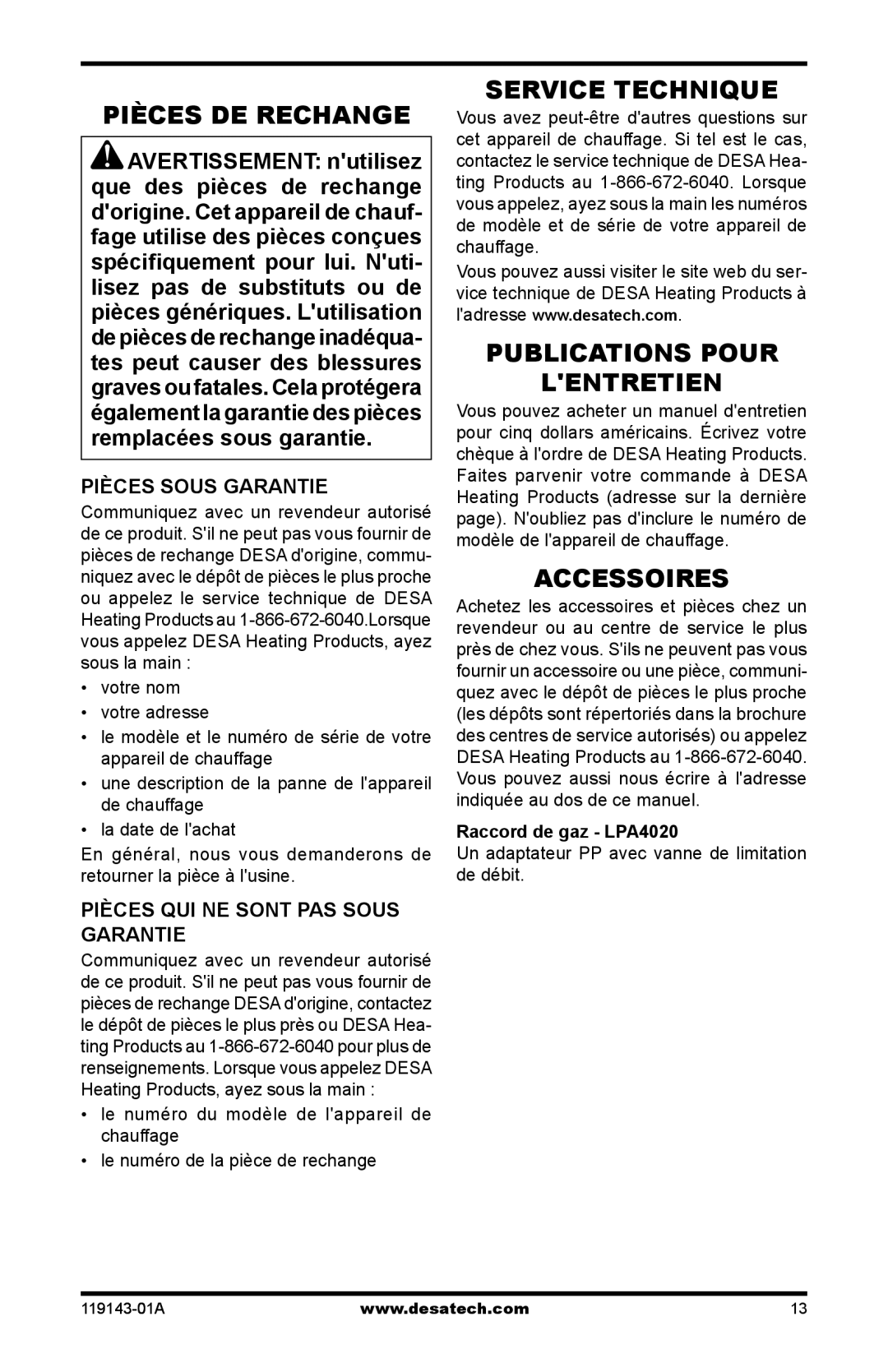 Desa TB107, TB111, TB114 125, TB112 170 Pièces de rechange, Service technique, Publications pour Lentretien, Accessoires 