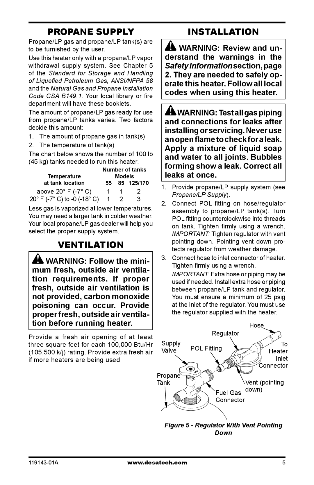 Desa TB110 85, TB111, TB114 125, TB112 170 Propane Supply Installation, Ventilation, Provide propane/LP supply system see 