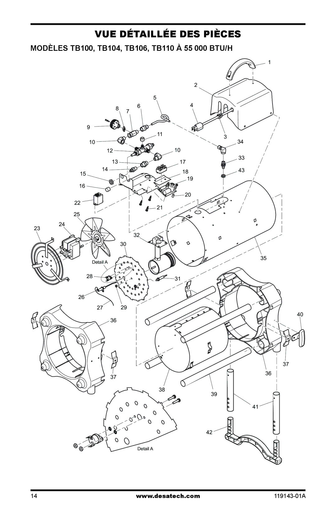 Desa TB105, TB111, TB114 125, TB112 170, TB108 Vue détaillée des pièces, Modèles TB100, TB104, TB106, TB110 à 55 000 BTU/h 