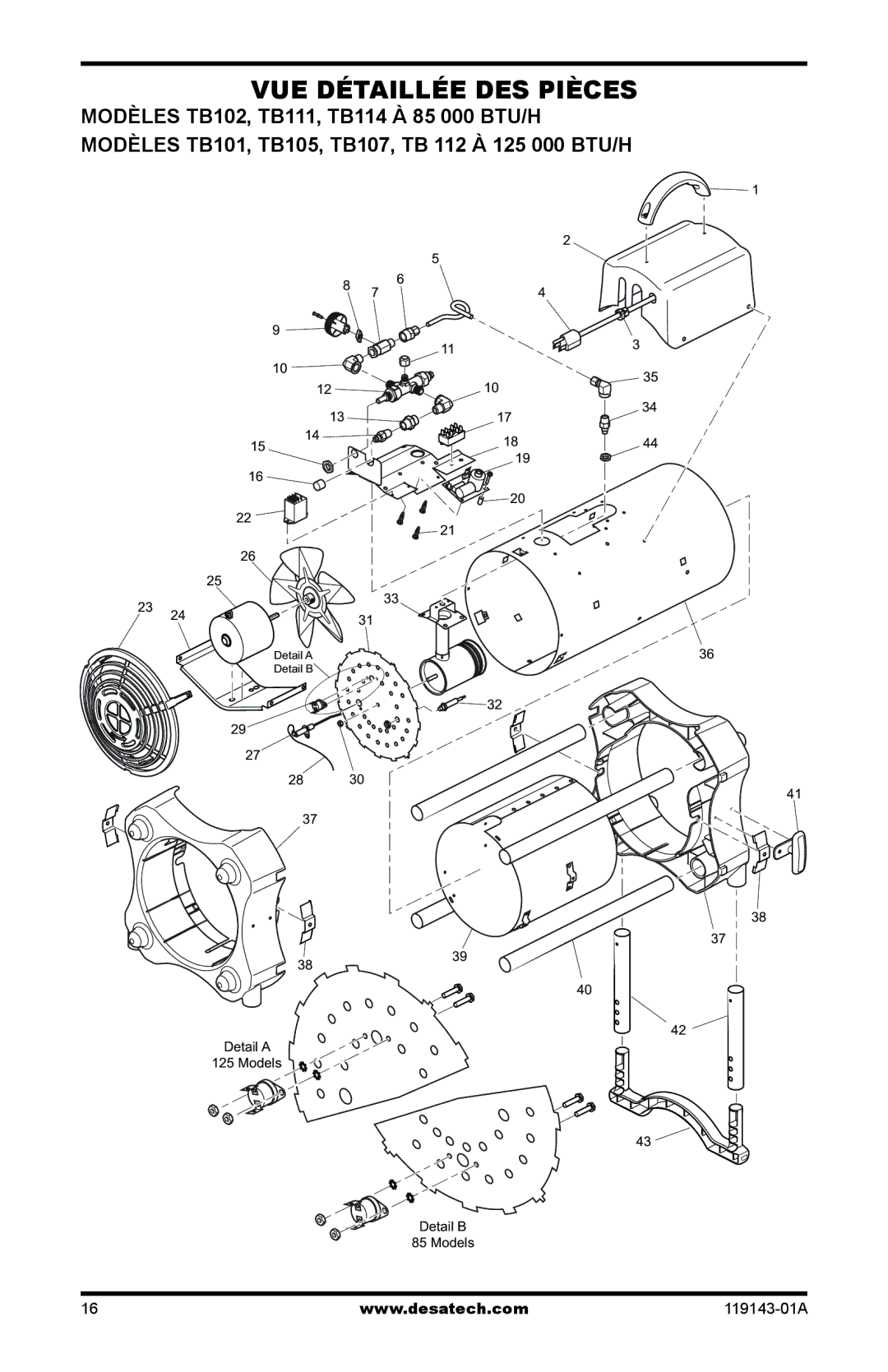 Desa TB113, TB111, TB114 125, TB112 170, TB100, TB108, TB110 85, TB104, TB107, TB105, TB106, 000 BTU TB103 Detail a Models Detail B 