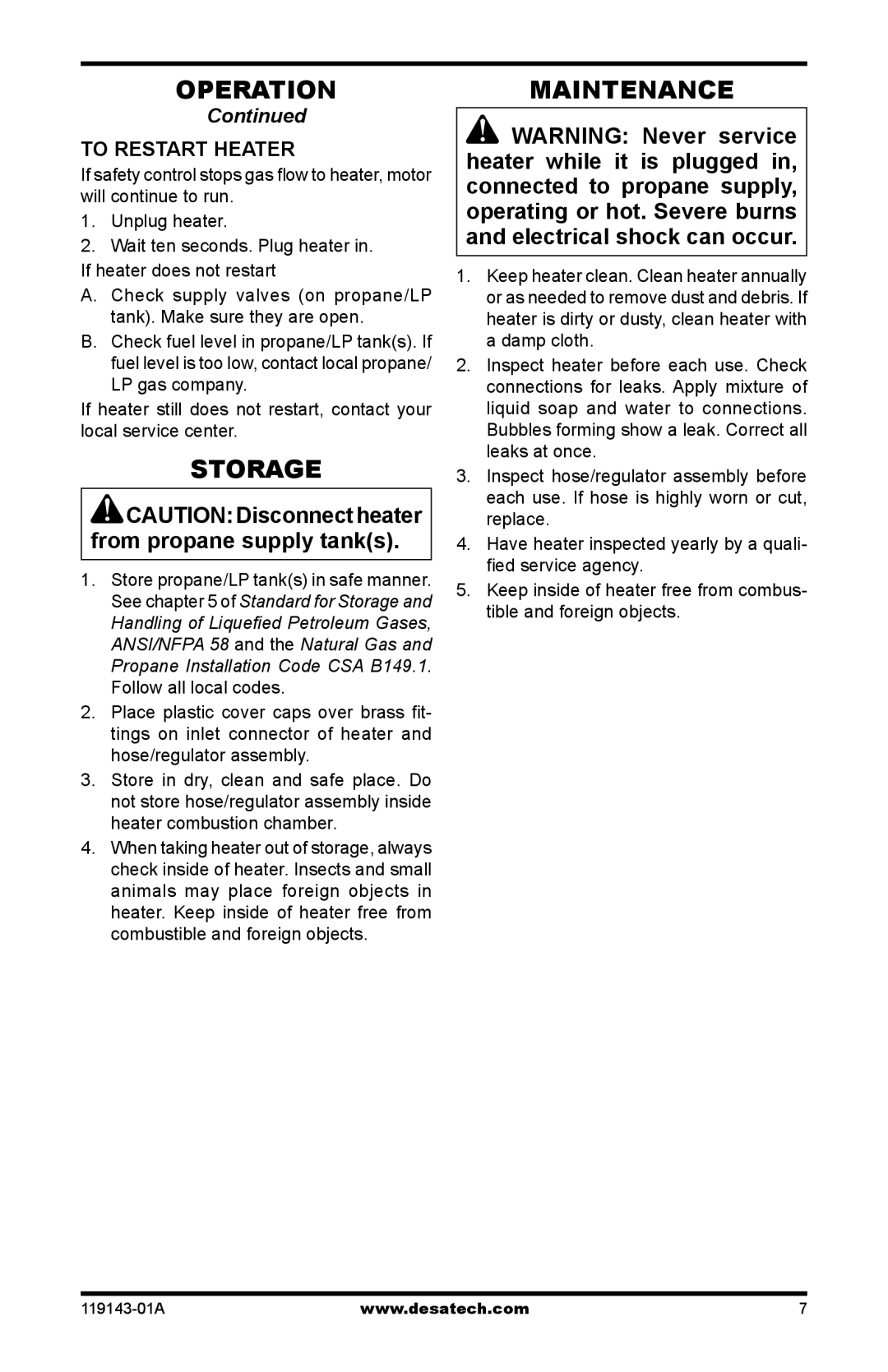 Desa TB107, TB111, TB114 125, TB112 170, TB100, TB108, TB110 85, TB104, TB105, TB106, TB113 Storage, Maintenance, To Restart Heater 