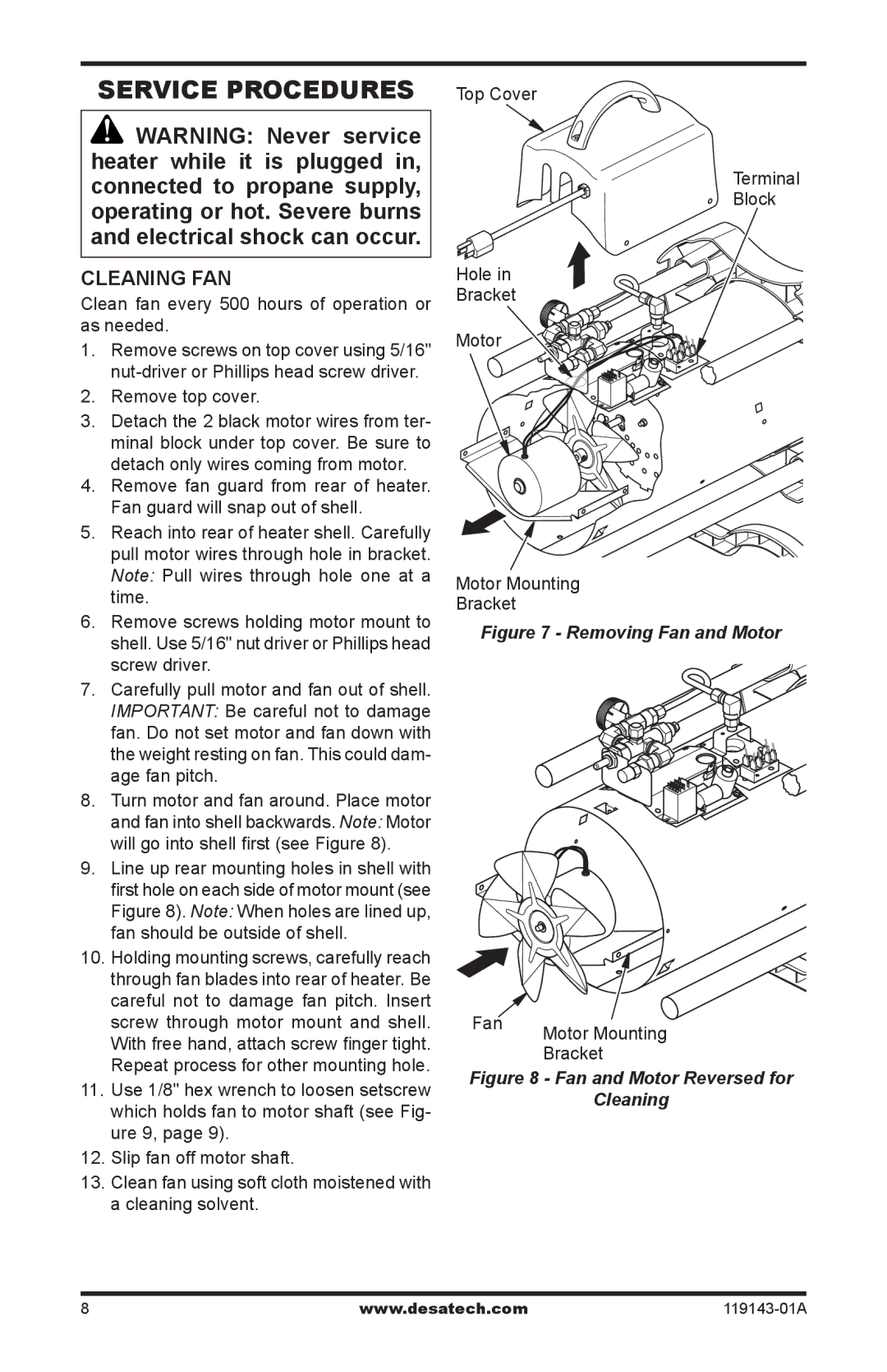 Desa TB105, TB111 Service Procedures, Cleaning fan, Clean fan every 500 hours of operation or as needed, Remove top cover 