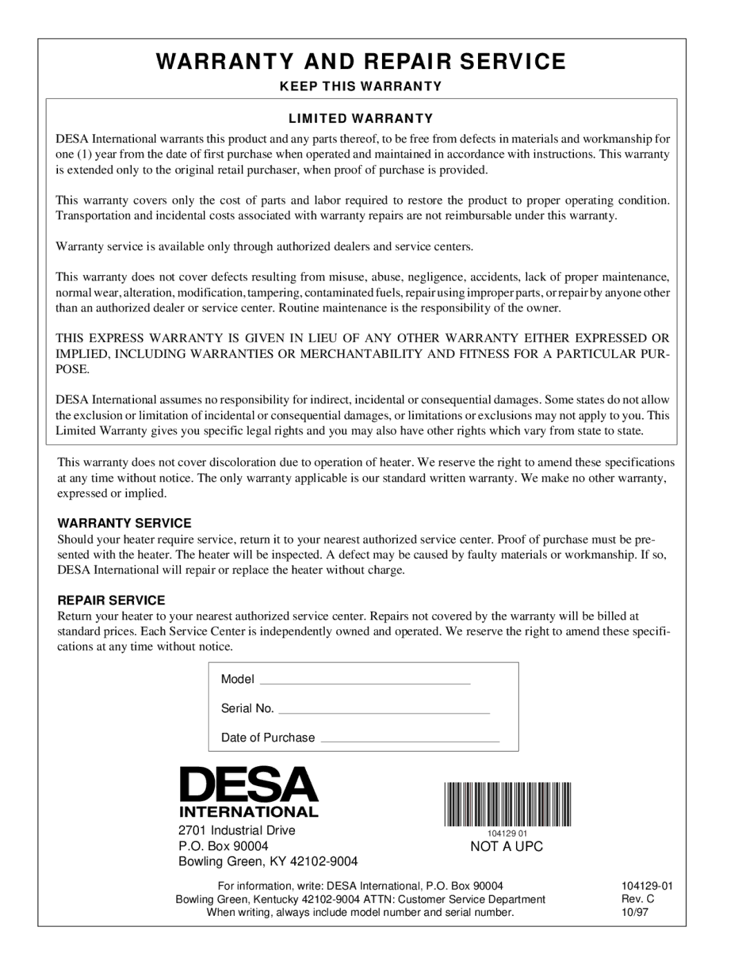 Desa TC100R owner manual Warranty and Repair Service 