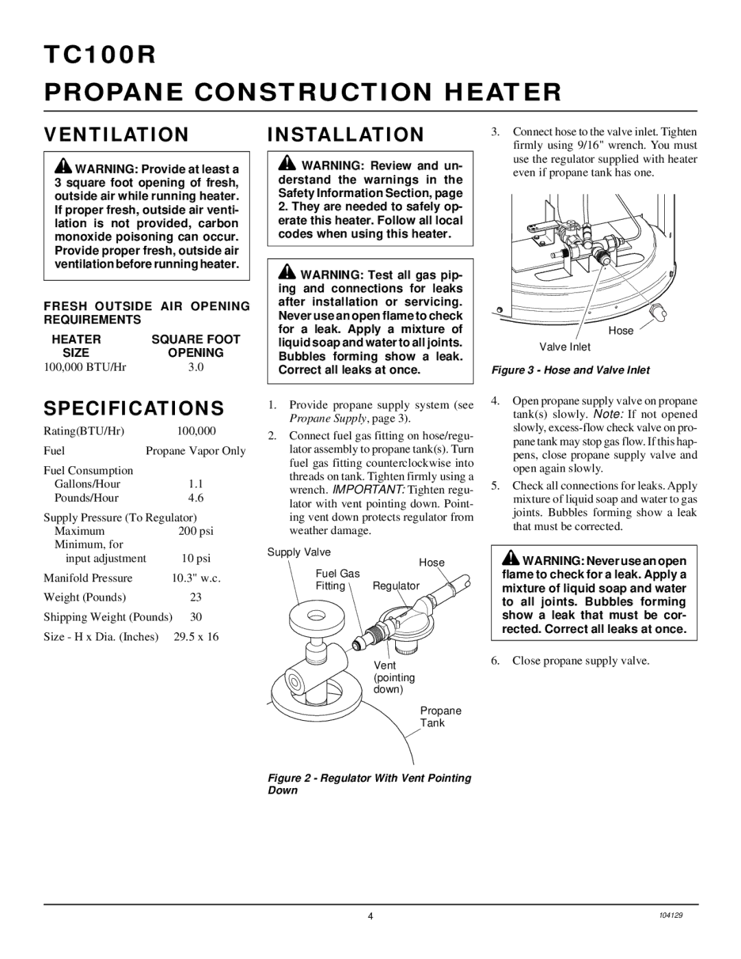 Desa TC100R owner manual Ventilation, Specifications, Installation 