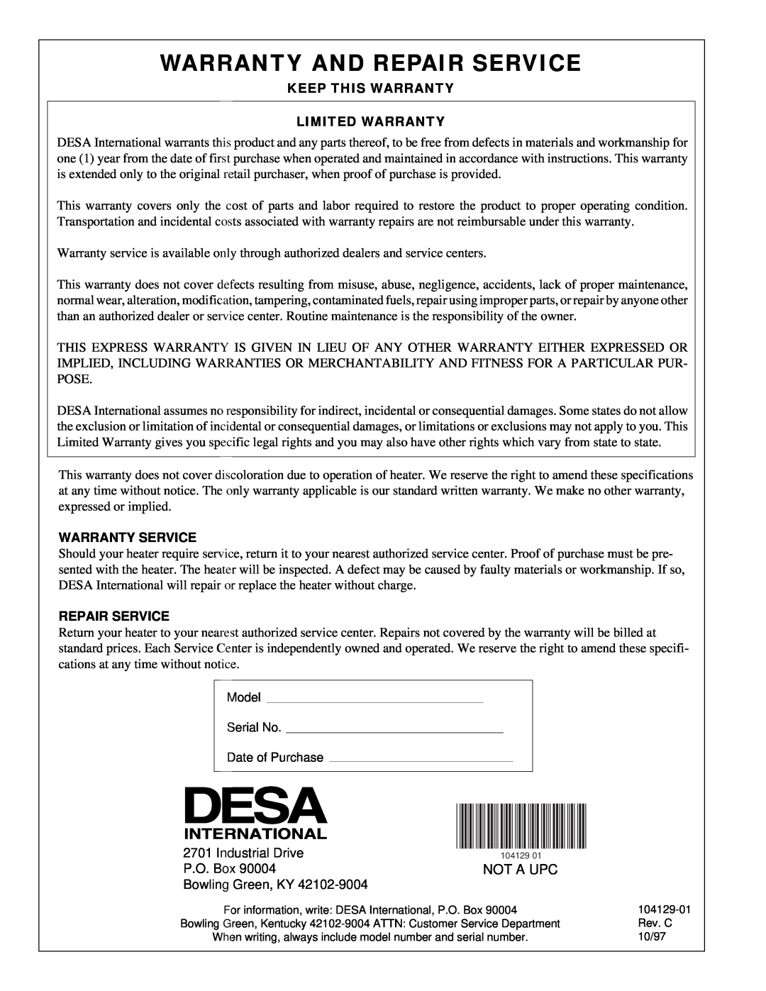 Desa TC100R owner manual Warranty And Repair Service, Not A Upc, Keep This Warranty Limited Warranty, Warranty Service 