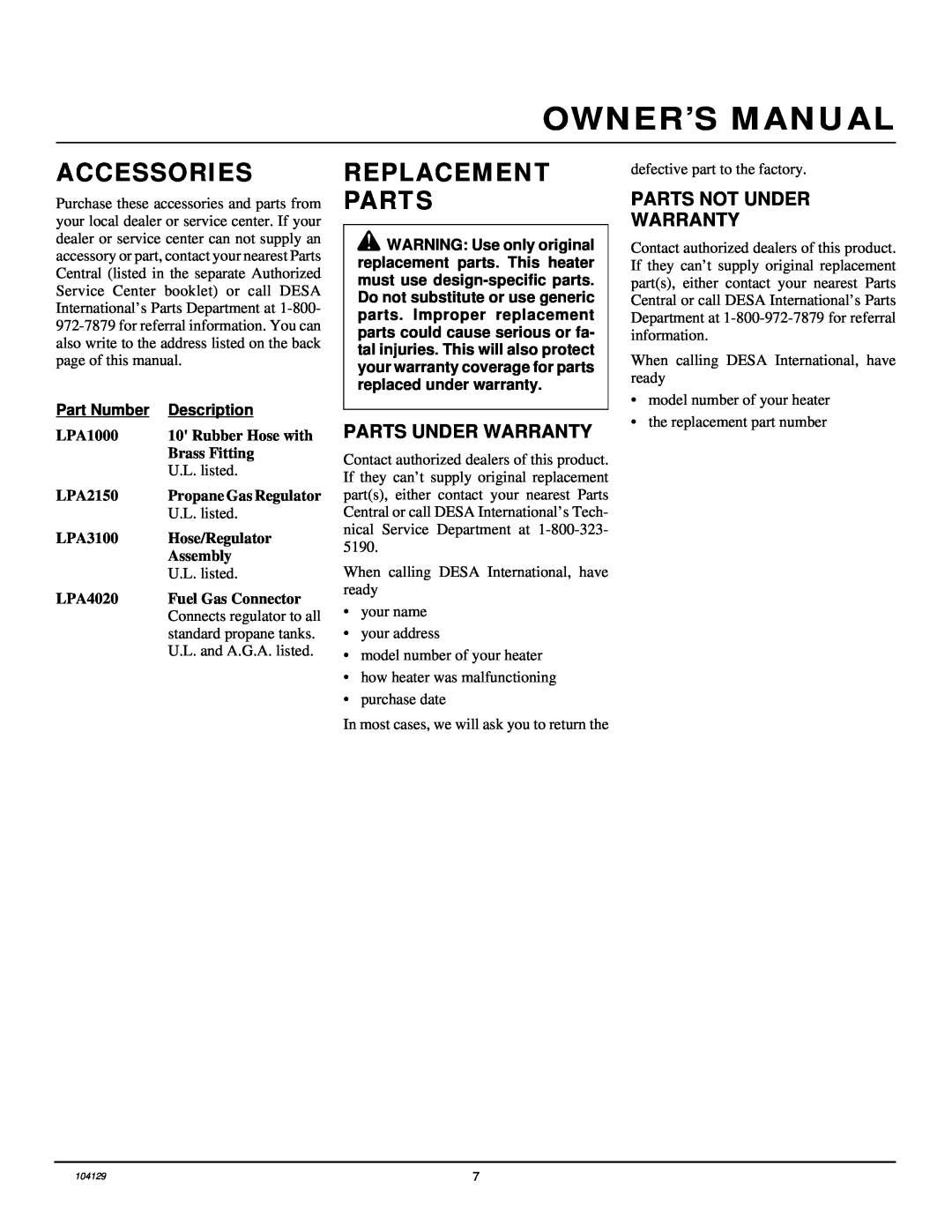 Desa TC100R owner manual Accessories, Replacement Parts, Parts Under Warranty, Parts Not Under Warranty 
