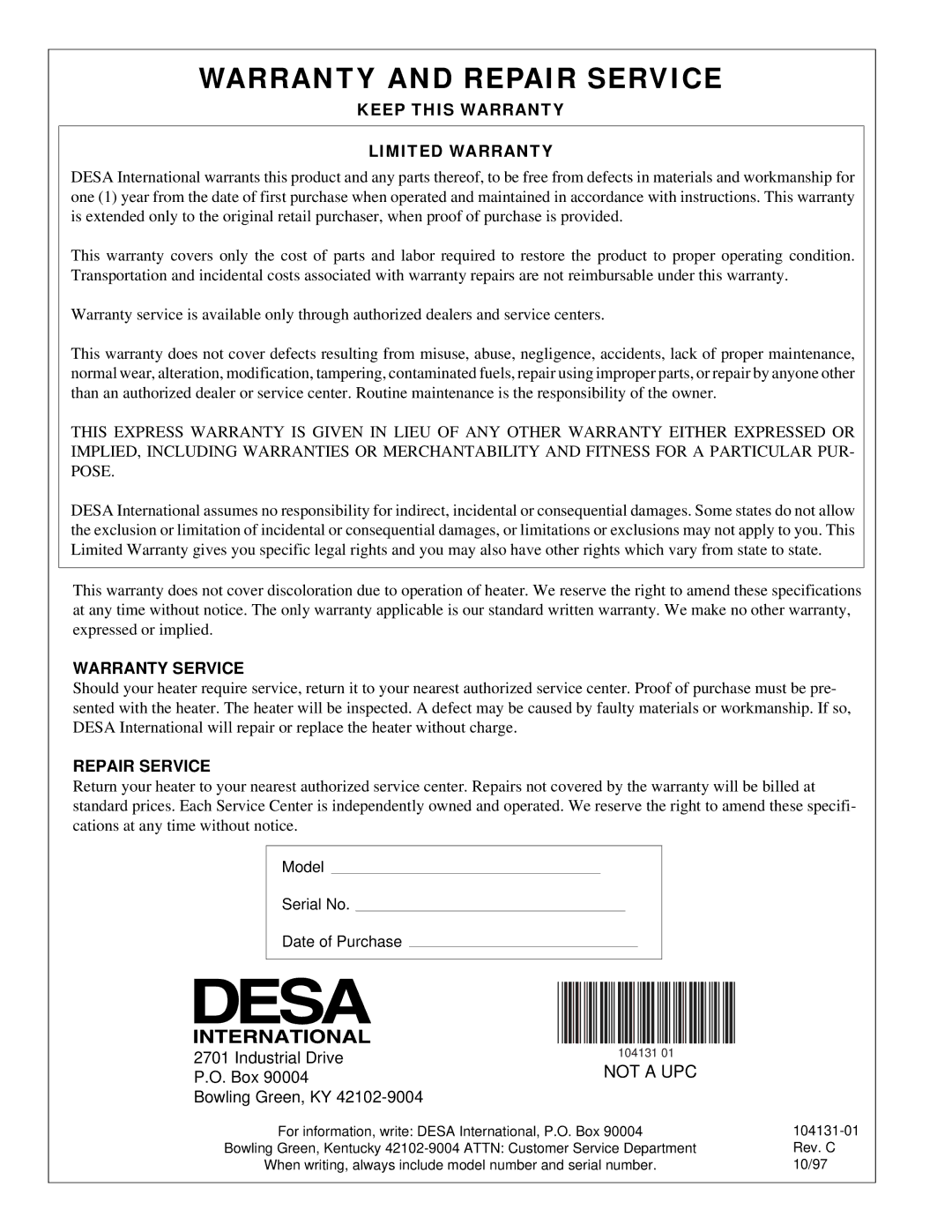 Desa TC100RNG owner manual Warranty and Repair Service 