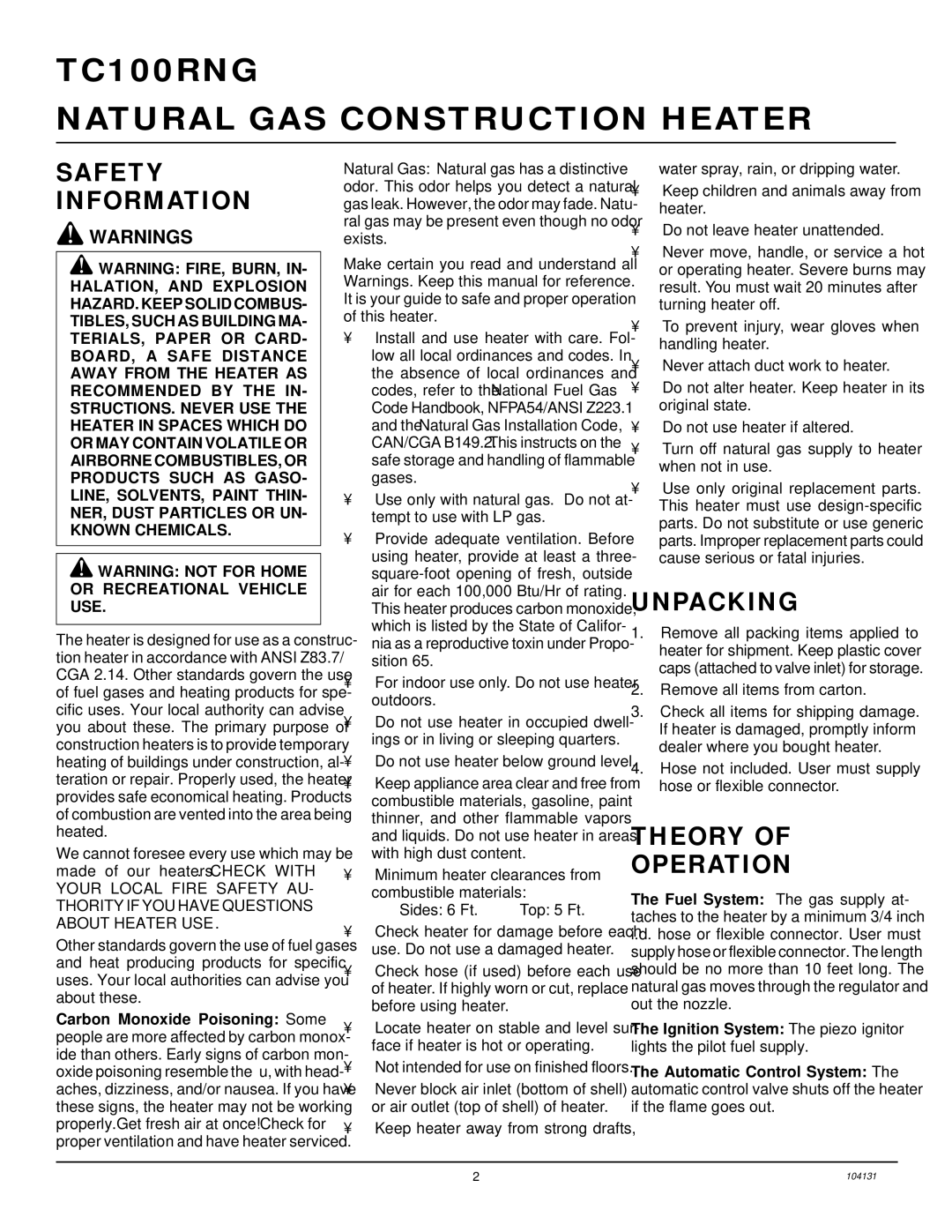 Desa TC100RNG owner manual Safety Information, Unpacking, Theory Operation 