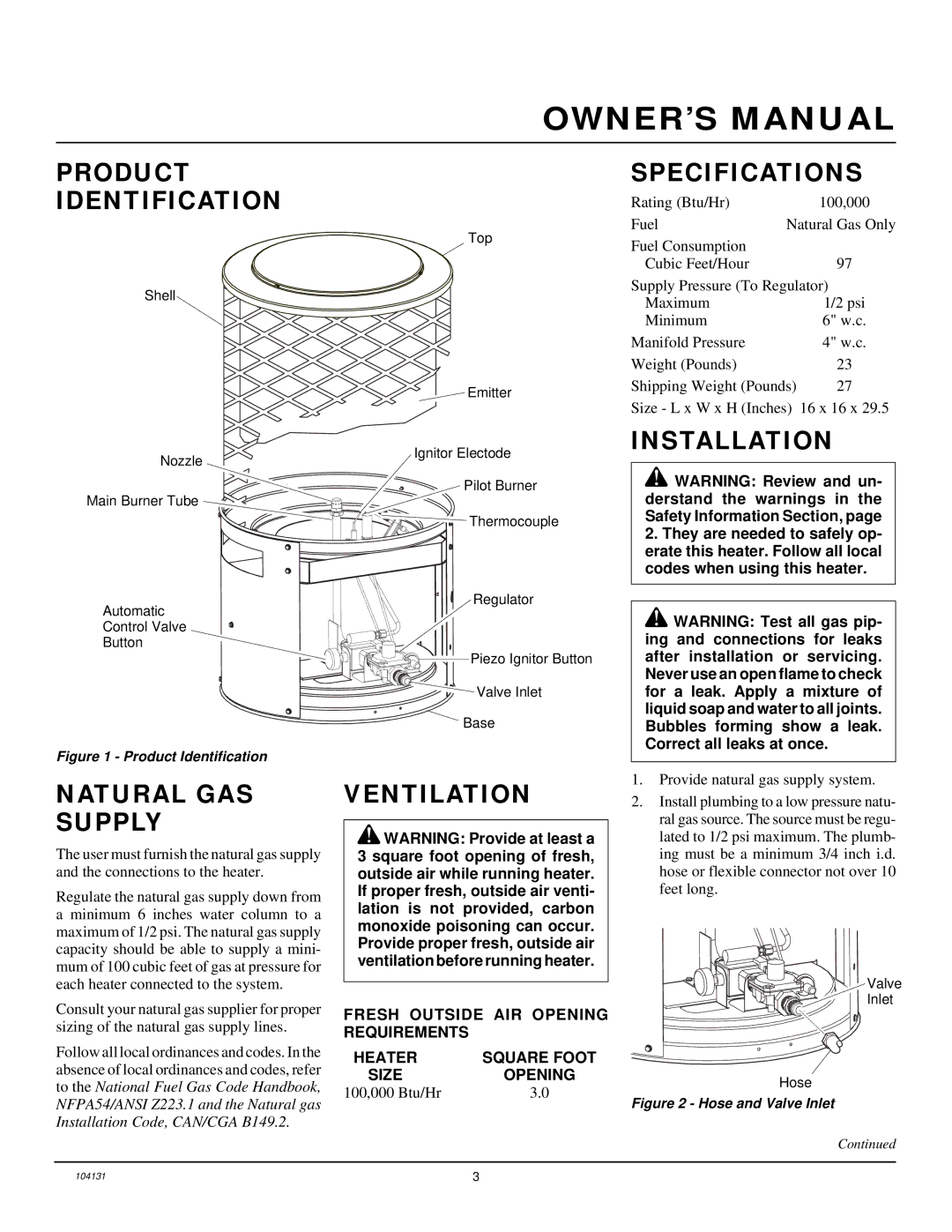 Desa TC100RNG owner manual Product Identification, Specifications, Installation, Natural GAS Supply, Ventilation 